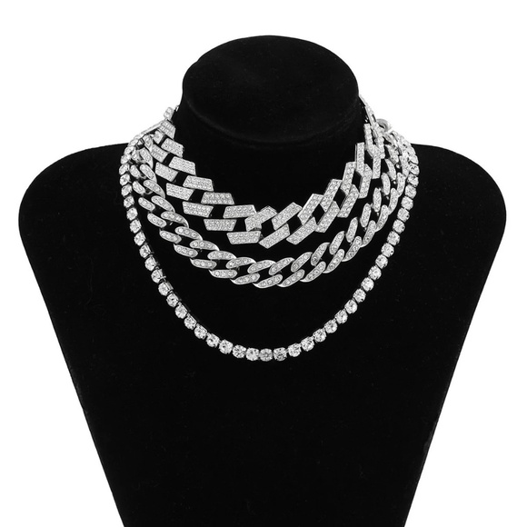 Triple Diamond Layered Necklace Set, Cuban Link Necklace, Tennis Necklace - Picture 7 of 9